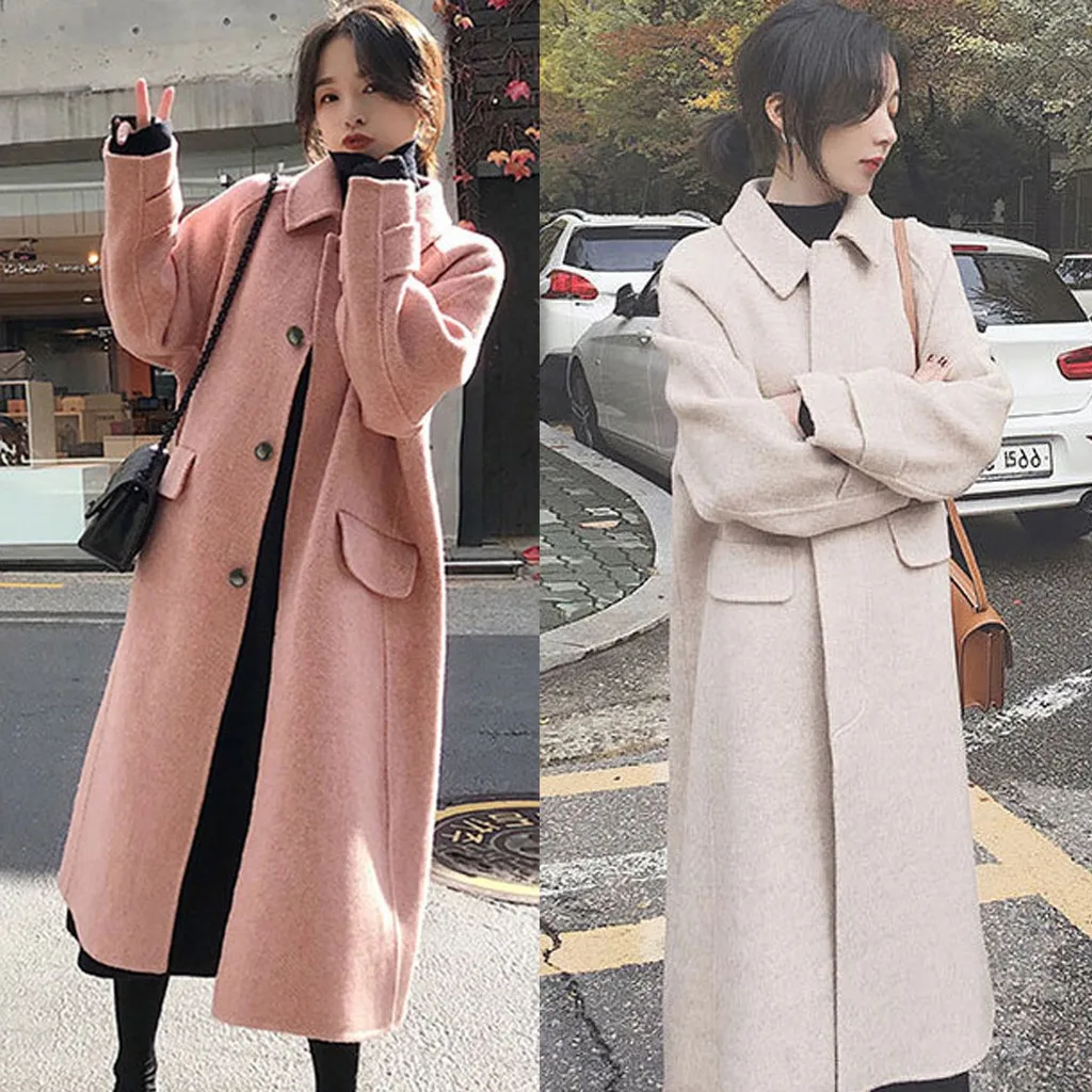 Women Work Solid Vintage Winter Office Long Sleeve Button Woolen Jacket Coat