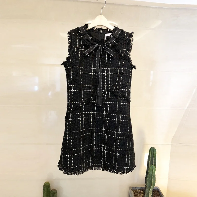 

2019 New Style Lace-up Versatile Bow Tassels Plaid Tweed Vest Dress Women's Autumn Short Skirt Debutante-Style
