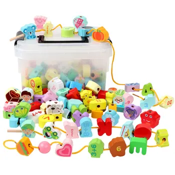 

65Pcs Lacing Toy Wooden String Animal Fruits Vegetable Vehicles Lacing Beads with Storage Box for Children Educational Toys