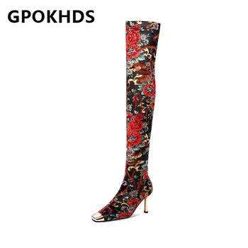 

GPOKHDS 2021 women Over-the-Knee boots Winter short plush Square Toe Metal Decoration Print High heels female boots size 40