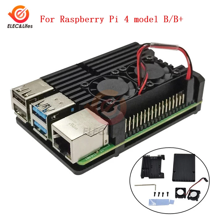 CNC корпус из алюминиевого сплава для Raspberry Pi 3 4 Модель B/B+ с двойным охлаждающим вентилятором радиатор - Цвет: Pi4 Black with fan