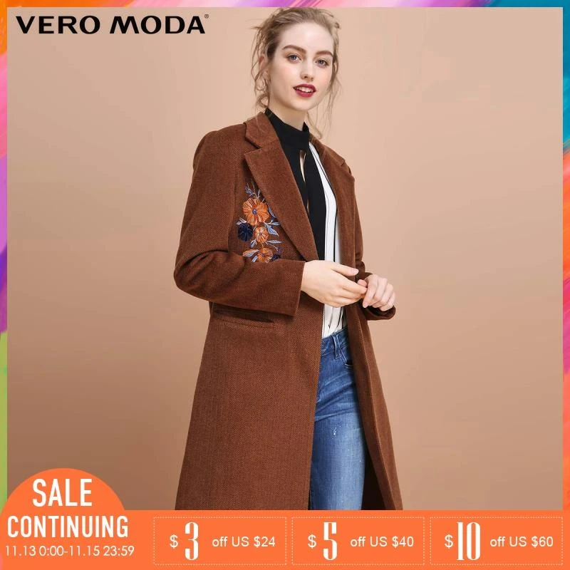 Vero Moda Brand 2018 floral embroidery lapel front pocket design long outerwear women coat| 317409503|Trench| -