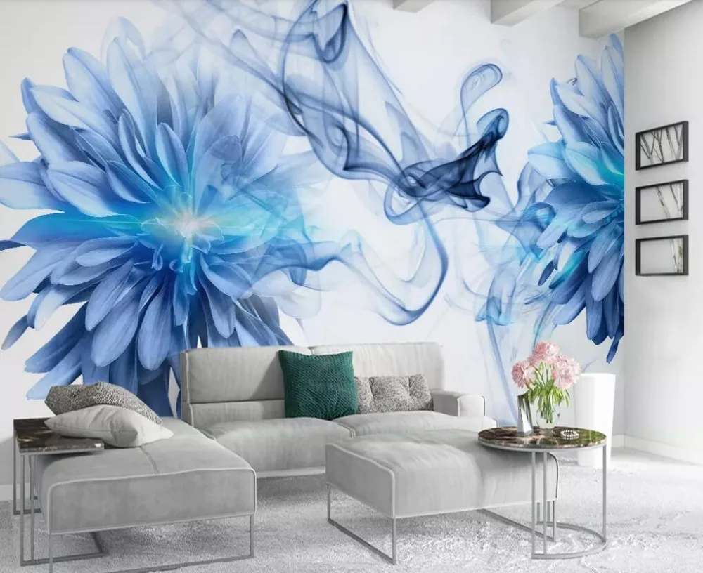 XUE SU Wall covering custom wallpaper modern minimalist abstract smoke blue flower bedroom background wall 3D mural