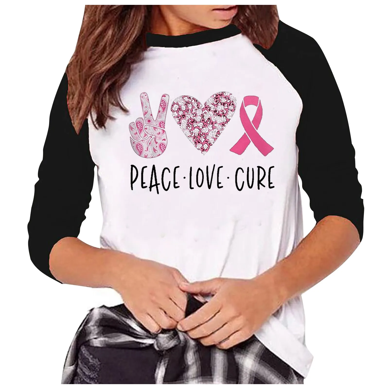 Peace Love Cure Ribbon T-shirt Aesthetic Breast Cancer Survivor Awareness Tshirt Women Graphic Disease Fighter Gift Top Tee#g3 1