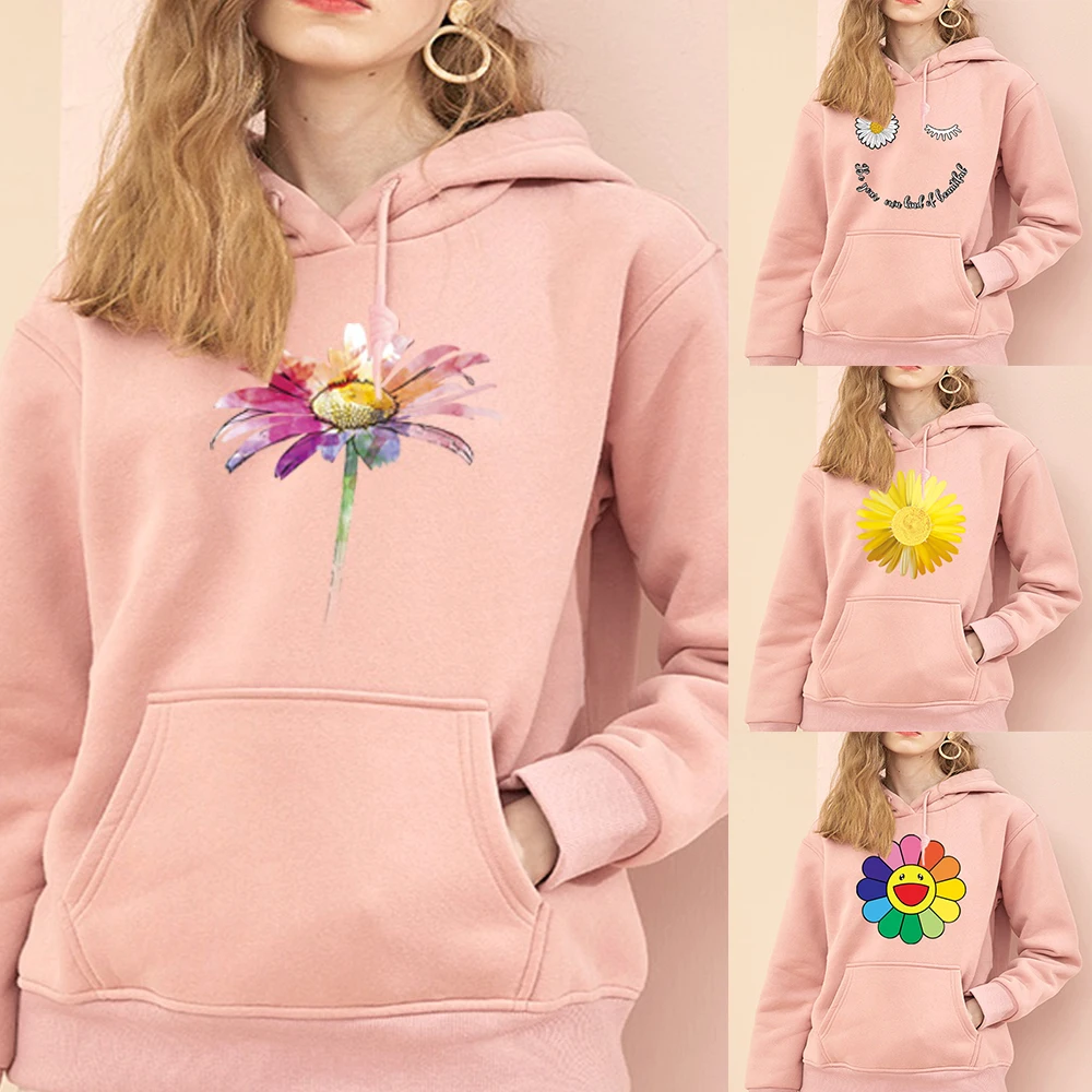 Daisy Pattern Women Hoodies Fashion Autumn and Winter Sweatshirt Female 2021 Leisure Sport Hooded Pullover Sweater Women