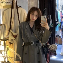Woherb осень корейские женские блейзеры и куртки повседневные двубортные ВИНТАЖНЫЕ пальто офисные женские серые Блейзеры Feminino 22912