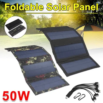 

Foldable Solar Panel 50W 5V Sun power Solar Cells Folding Pack 10in1 USB Cable Portable Solar Charger for Phone Camping