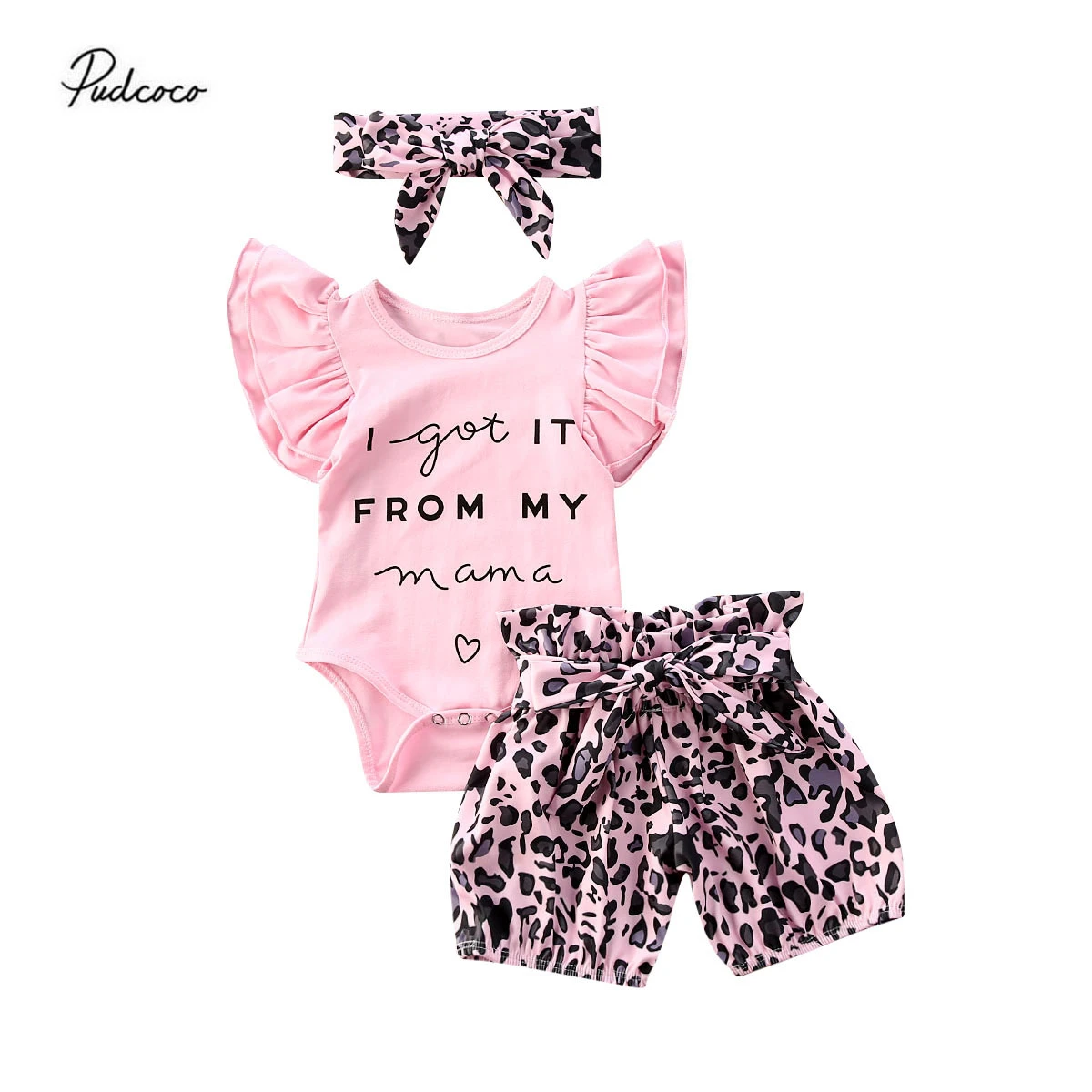 Kid Toddler Baby Girls Flying Sleeve Letter Print Romper+Leopard Shorts+Bowknot Headband 3-piece Set baby clothing set red	