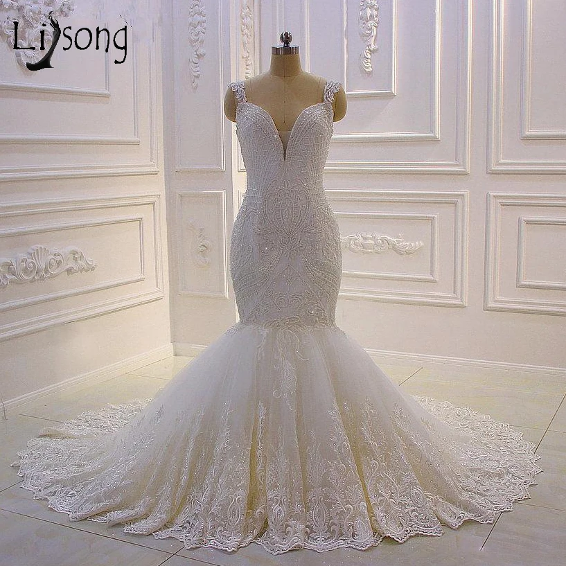 2020 Real Pictures Sexy Spaghetti Lace Appliqued Beaded Mermaid Wedding Dresses Luxury Beaded Lace-Up Back African Plus Size Bridal Gown