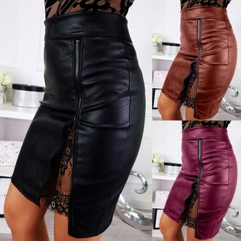 

2020 New Office Lady Formal Lace patchwork Bodycon Skirts High Waist Zipper PU leather Black Sexy Summer Fashion Pencil Skirts