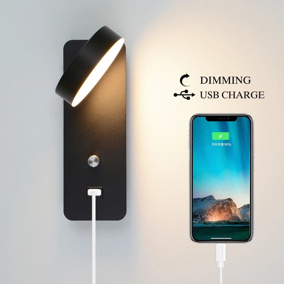 Lâmpada de Parede Interior para Cabeceira Botão Interruptor Regulável Carga Usb Luz Parede 9 w Branco – Preto Iluminação Escada Arandela Luminaria Led