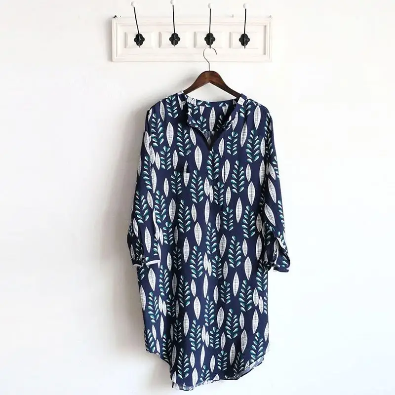 

WoMen Cotton And Linen Print Dress Autumn V-Neck Long Sleeve Loose Blue Dresses