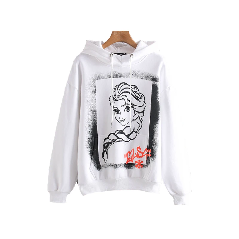 Autumn Women Sweatshirt Cartoon print Sweatshirt Women's Long-sleeved Loose Casual Hoodies Jumper Sweatshirts Female tops - Цвет: White