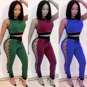 

Sexy sleeveless, round neck, short top, hollowed-out, sexy high-waisted pencil pantsuit