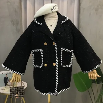 

Tweeds Women Jackets 2019 New Spring Autumn Elegant Flare Sleeve All-match Medium-long Outwear Double Breasted Coat for Mujer