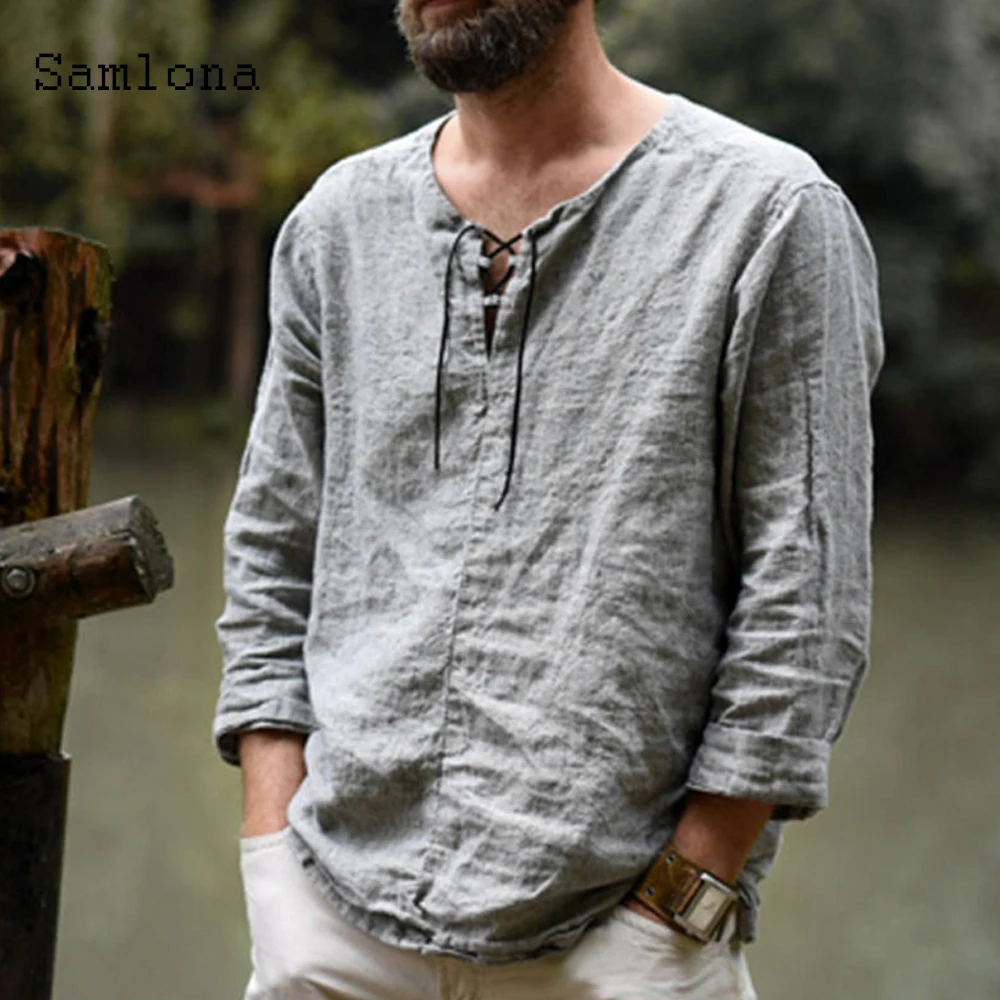 

Samlona 2020 New Men's Top Casual Linen Blouse Male Summer Leisure V Neck lace-up Shirts blusas camisas para hombre men clothing