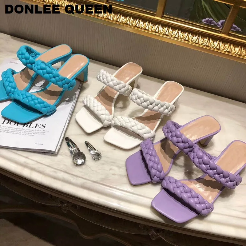 

2020 Fashion Brand Weave Slippers Women High Heels Sandals Slip On Slide Elegant Purple Flip Flops femmes sandales mujer slipper