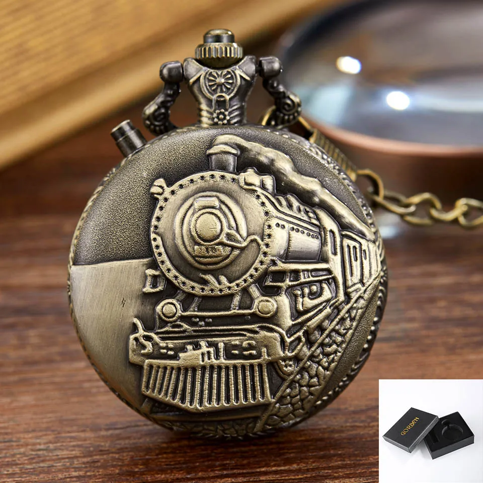 bronze with box Винтажный светодиодный циферблат кварцевые карманные часы резные паровой поезд креативный стимпанк железнодорожная гравировка Ретро цепочка ожерелье кулон часы - Цвет: bronze with box