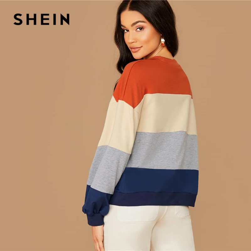 SHEIN цветные полосатые повседневные осенние толстовки, женские топы, зимние свитера с круглым вырезом и рукавом Бишоп, разноцветные базовые свитшоты