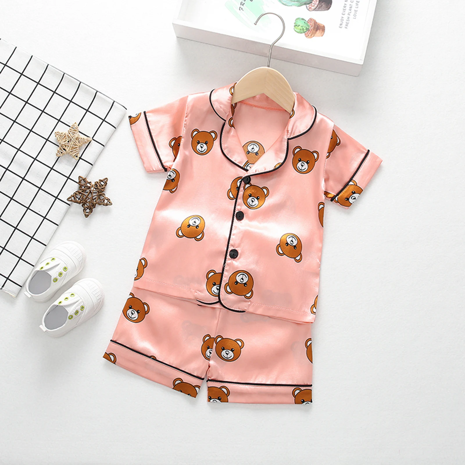 Baby Boys Girls Ice Silk Satin Pajamas Set Cartoon Bear Print Button-Down Short Sleeve Tops+Shorts Pajama Set Sleepwear Homewear