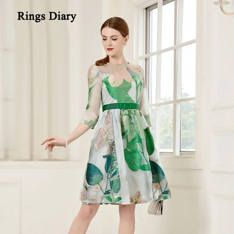 

Rings Diary Women Party Dress Green Floral Resort Style Elegant Dress French Style Office Lady Dress Slim Fit Print Dress