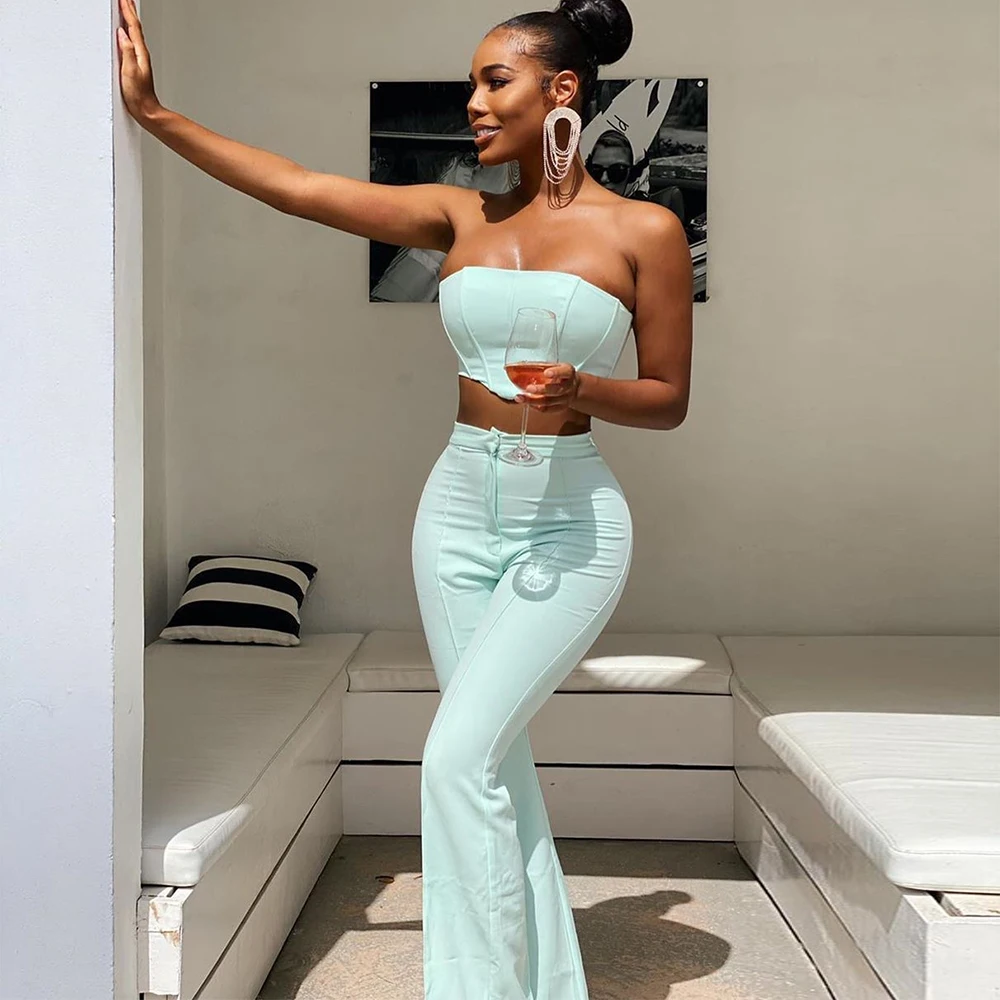 

Deer Lady 2 Piece Pants Set Women Summer 2020 Bodycon Crop Tops High Waist Pants Blue Long Pants Set Club Party Evening
