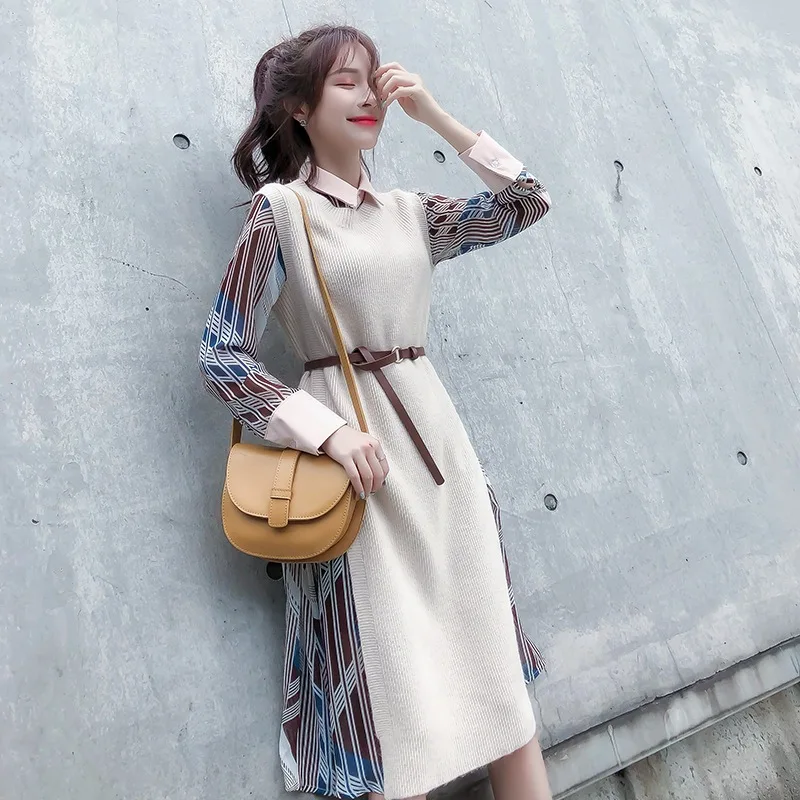 Port Retro Style 2019 Autumn And Winter New Sweater Vest Set CHIC Long Sleeve Dress Korean-style Women's |