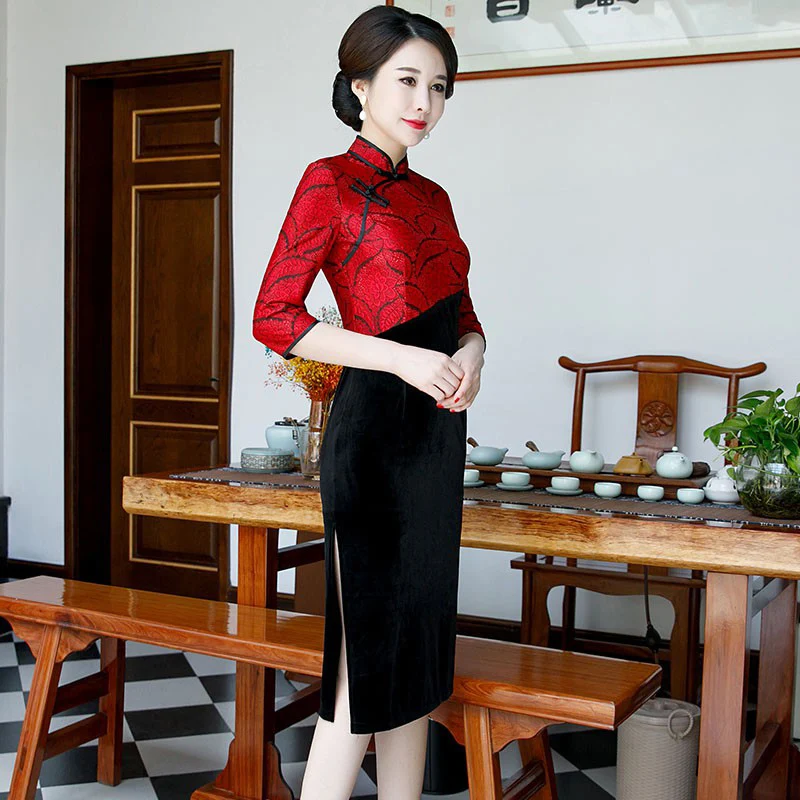 L-6XL Платье До Колена Cheongsam в винтажном китайском стиле женское кружевное велюровое платье Qipao тонкое вечернее платье на пуговицах размера плюс