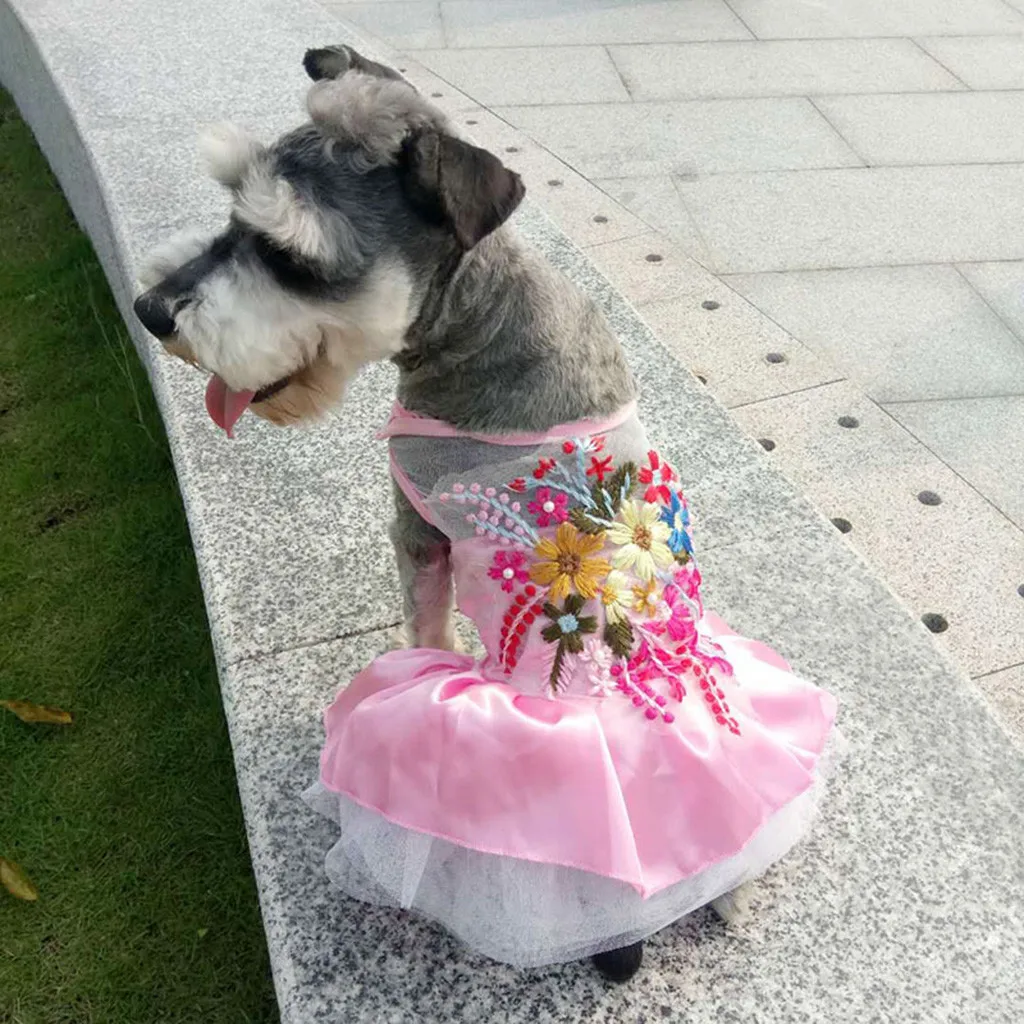 Ocardian Dog dresses Embroidered Satin Flowers Pets Skirt Summer Pet dogs Dress tshirt dogs clothes disfraz perro drop ship