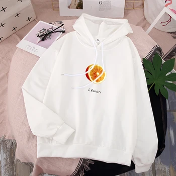 

Woman Cotton White Hoodie Cute Aesthetic Streetwear Harajuku Long Sleeve Tops Lemon Print Sweatshirt With Hat