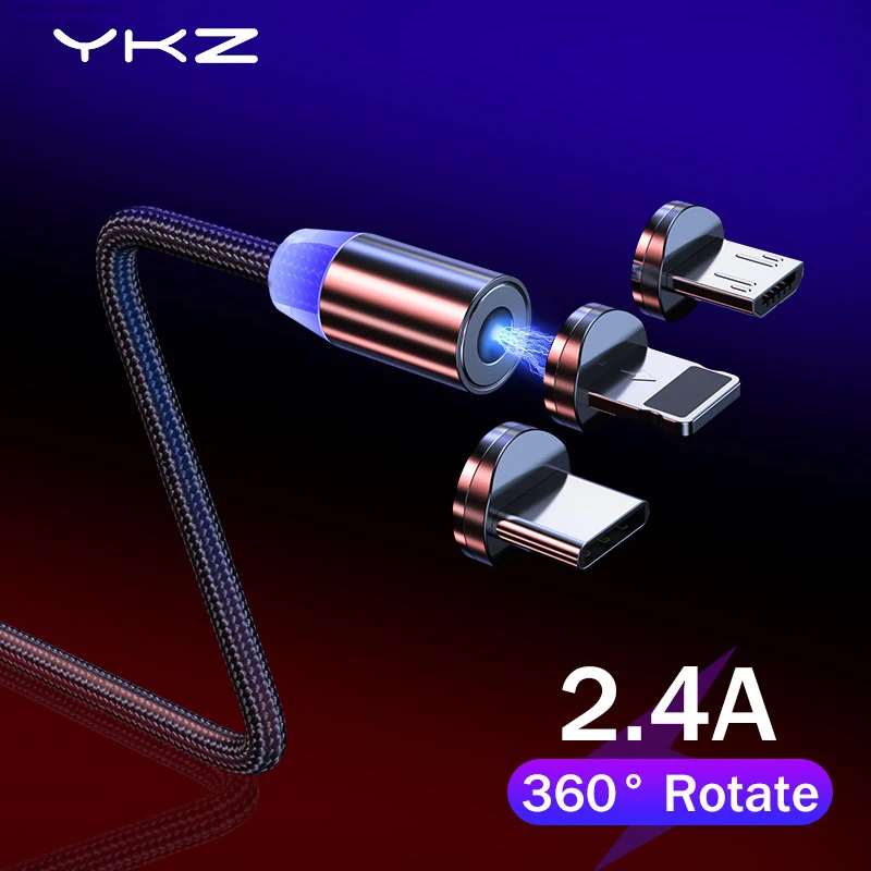 YKZ Магнитный Micro USB кабель для iPhone Xiaomi samsung s8 type C 2.4A быстрой зарядки 360 градусов