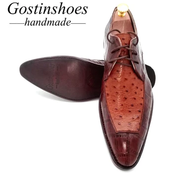 

SALE 44 Goodyear Welted Handmade Derby Shoes Brown Ostrich Printed Men Leather Shoes Formal Pointed Toe Lace-up Men Shoes