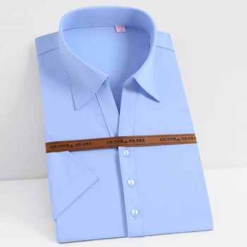 

Women Summer Short Sleeve Office Lady Blouse Shirt Pocket-less Design Stretch Bamboo Fiber Slim Fit Basic Simple Work Shirts