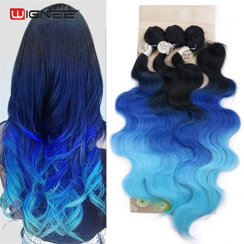 Extension De Pelo Sintetico De Wignee Negro A Azul Gris 3 Mechones De Cabello Con Cierre Resistente Al Calor Ombre Clips Estilo De Cabello Suave Aliexpress