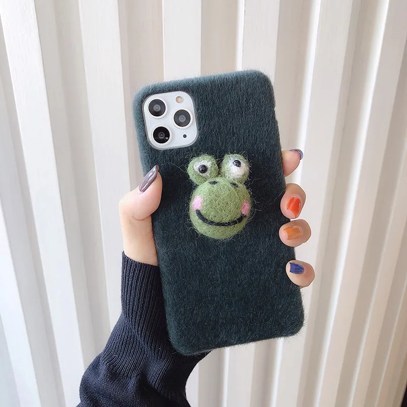 Милый плюшевый пушистый чехол с головой лягушки для iPhone 6 6s 7 8 Plus X XS MAX XR 11 Pro MAX мягкий пушистый чехол 3D зимний чехол для телефона