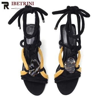 

RIBETRINI Fashion Women Kid Suede Shoes Women Round Toe High Heels Ankle Strap Brand Sandals Mixed Color Sandals