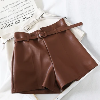 

Korean Fashion PU Leather Shorts Women 2020 Spring Summer High Waist Belt A-line Wide-leg Short Casual Female Leather Shorts