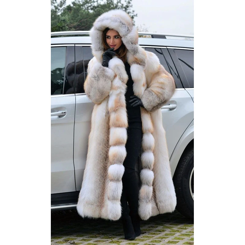

FURSARCAR 2020 New Luxurious Real Natrual Golden Fox Fur Jacket With Hood Thick Fashion 120cm X-Long Women Winter Fur Coat