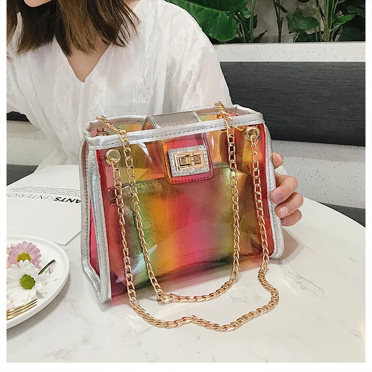 Летняя модная новая сумка высокого качества ПВХ Прозрачная женская сумка голографическая квадратная сумка для телефона Серебряная сумка на плечо с цепочкой