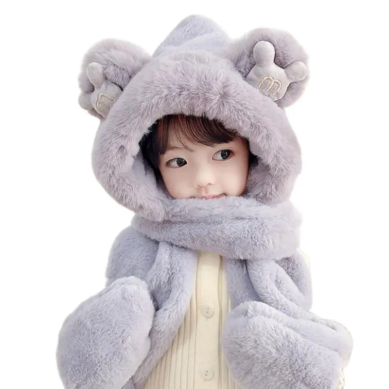 

Doitbest Children Winter hats beanies set Kids Child cashmere fur hat scarf Gloves One piece boys girls Earflap caps