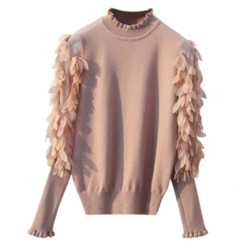 

Women Sweater Spring Autumn Loose Pullover Sweater Fashion Flowers Wooden Ear Sweater Female splice Half high Collar Knit Top