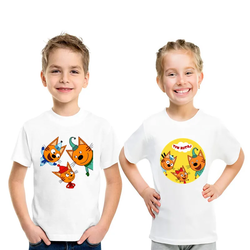 Camiseta con estampado de tres gatitos para niños y niñas, ropa de verano, Tops Unisex, HKP5411