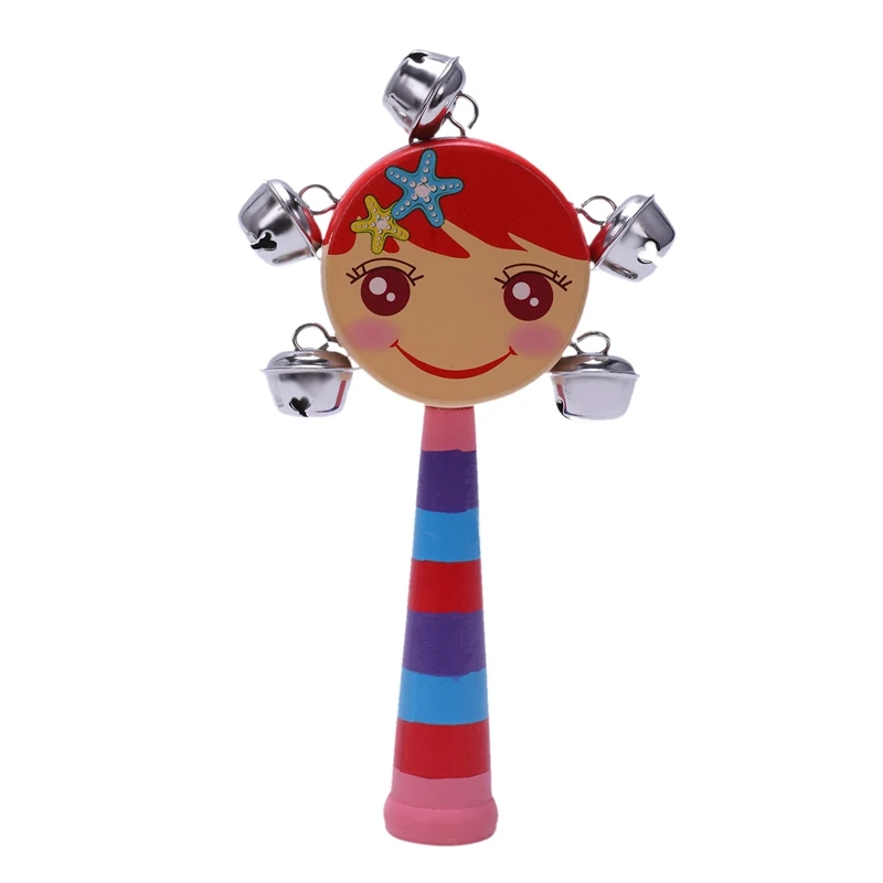 1pc baby kids rainbow wooden handle bell jingle stick shaker
