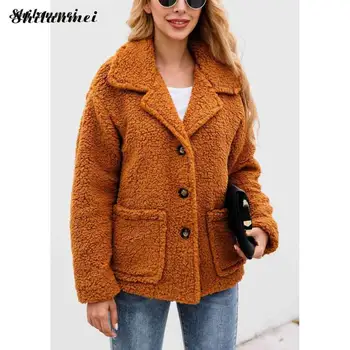 

2019 Autumn Fleece Jacket Women Lapel Solid Teddy Coat Women Casual Button Pockets Overwear Single Breasted Winter Jacket Female