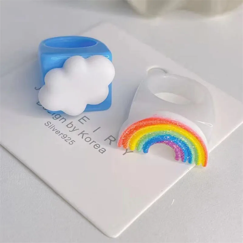 finger ring Women Girls Funny Children Finger Ring Summer Jewelry Gift Cute Cartoon Smile White Cloud Rainbow Resin Acrylic Rings