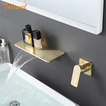

Brush Gold Bathroom Wall Mounted Waterfall Faucet Cold Hot Mixer Taps Basin Sink Faucets Bathroom Shelf Faucet