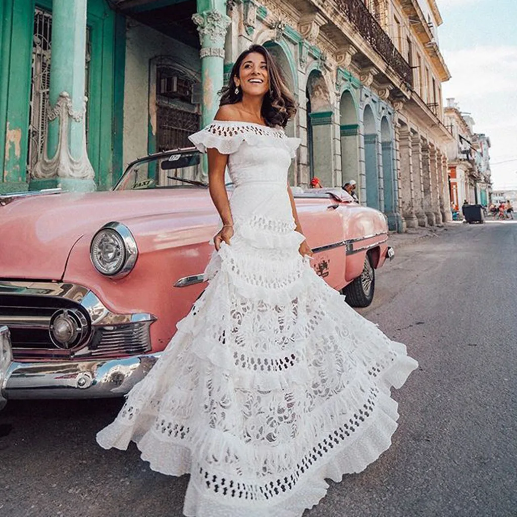 Женское платье с открытыми плечами Boho белый праздничный кружевной ажурный