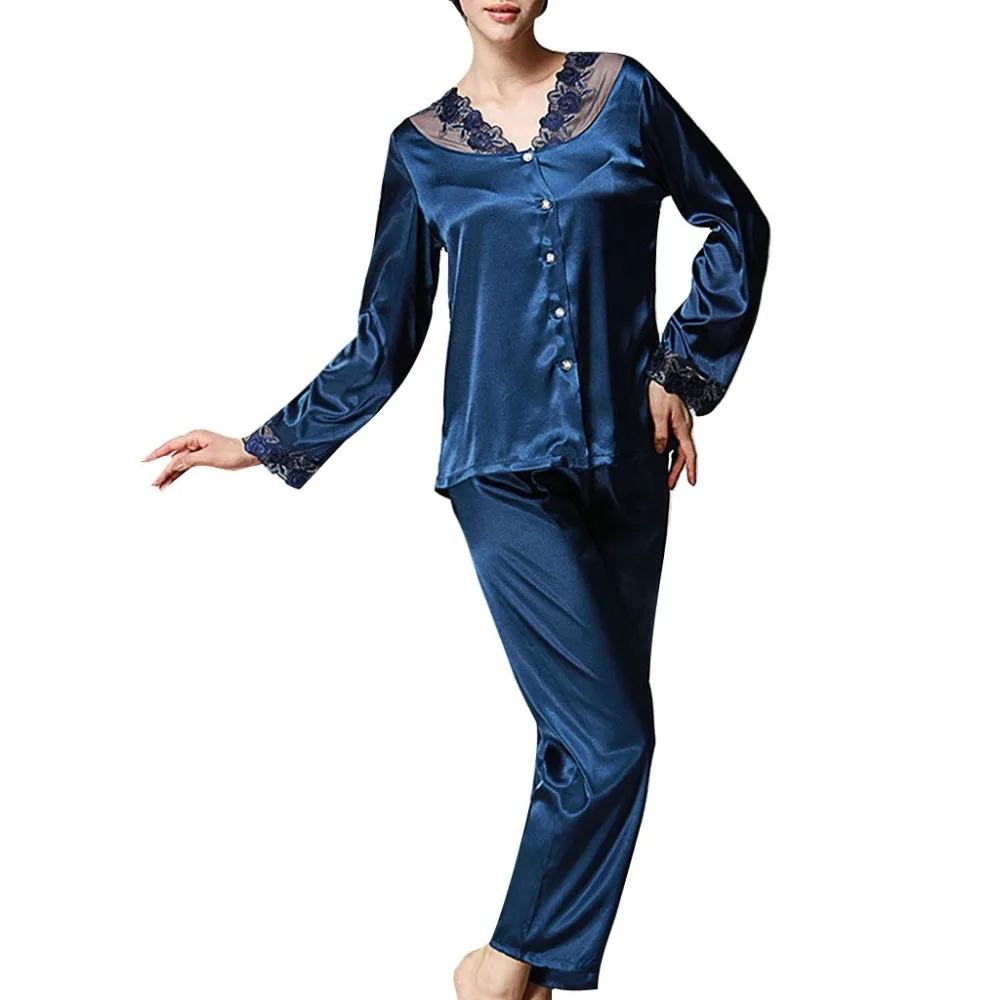 Женская модная сексуальная шелковая Женская одноцветная атласная кружевная Пижама на пуговицах, комплект пижамы для женщин