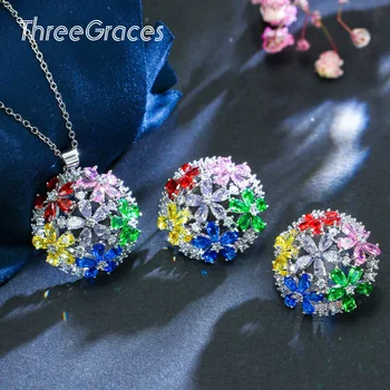 

ThreeGraces Fashion Designer Jewelry Colorful Round Flower Red Blue Green Cubic Zircon Crystal Earrings Necklaces Sets JS093
