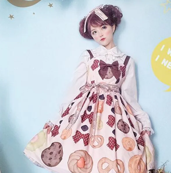 Japanese Kawaii Girl Sweet Lolita Dress Vintage High Waist Printing Bowknot Victorian Gothic Jsk
